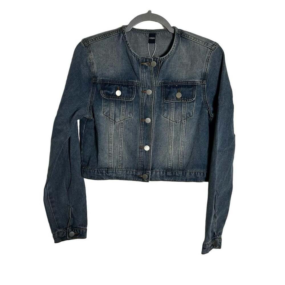 CiMuk Women's Denim Collarless Button Down Cropped Jean Jacket